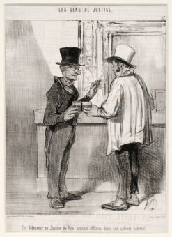 Un défenseur en Justice de Paix causant affaires dans son cabinet habituel, Le Charivari, 01.11.1846